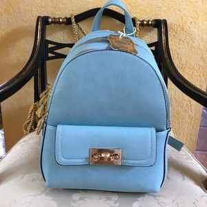 Light Blue Vegan Backpack by Alyssa with Leopard Lining